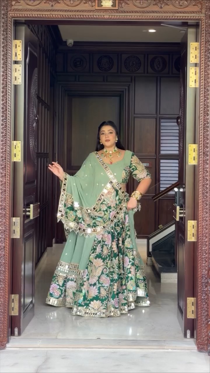 Sage Green & Deep Floral Lehenga Set in motion